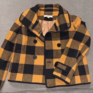 LOFT Petite SP Mustard Yellow Black Buffalo Plaid Coat Double Breasted